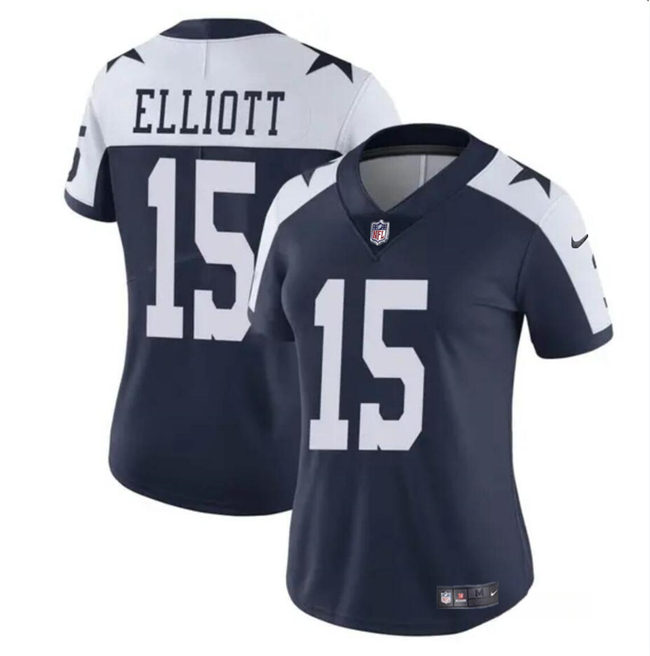 Women's Dallas Cowboys #15 Ezekiel Elliott Navy/White Vapor Thanksgiving Limited Stitched Football Jersey(Run Small）